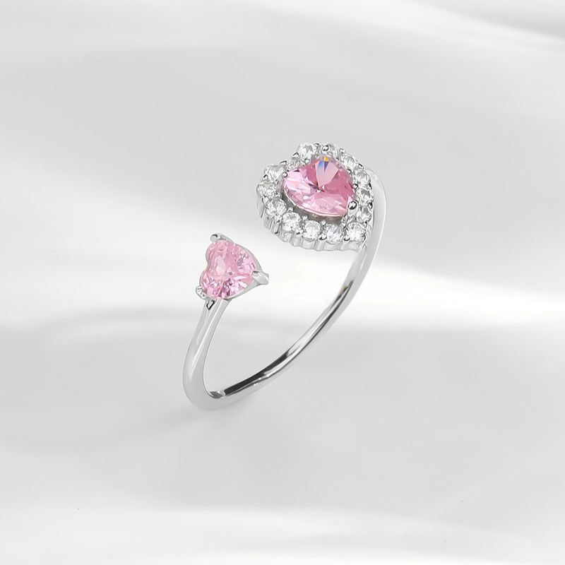 S Sier Anello aperto regolabile con zirconi, semplice, rosa, a forma di cuore, dolce, da donna_voghion.com