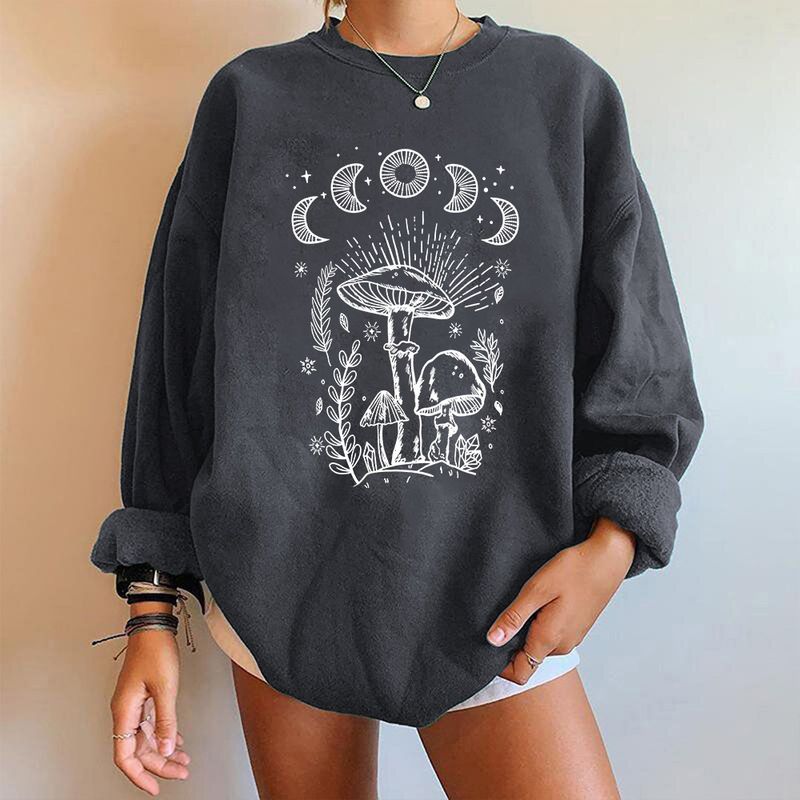 Women's off-the-shoulder long-sleeved sweatshirt mysterious printed fleece top_voghion.com