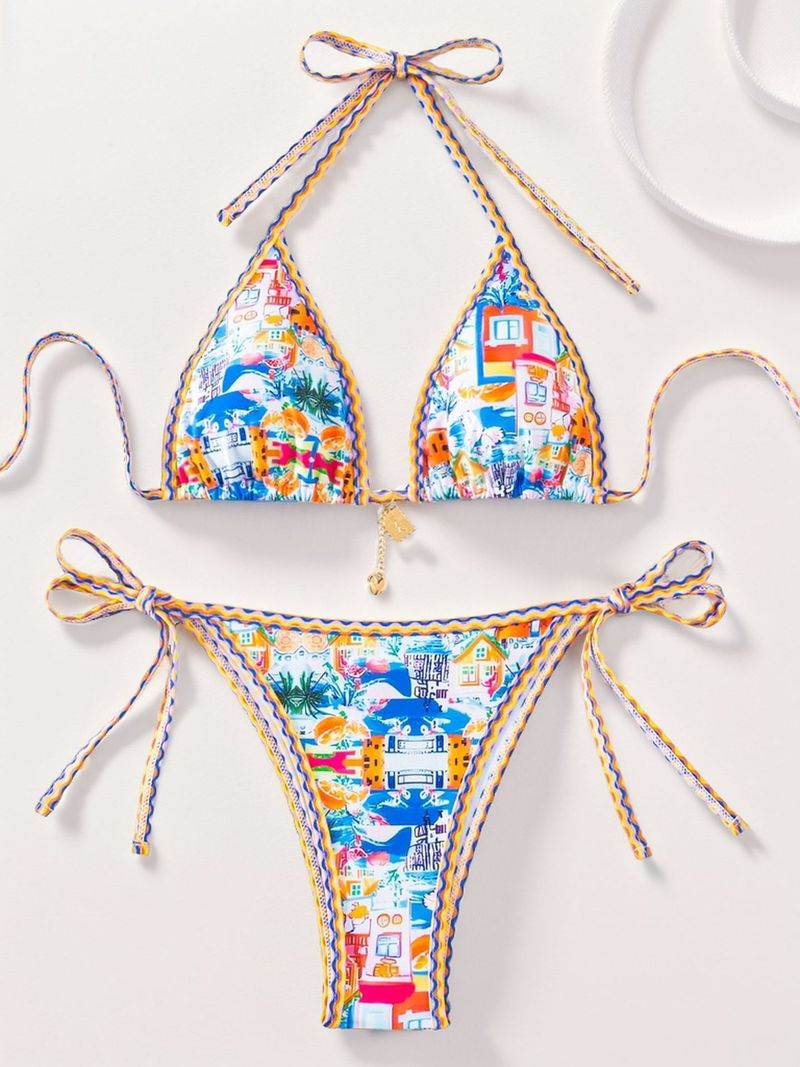 Costume de baie pentru femei, model nou, albastru și alb, cu imprimeu de porțelan, șireturi, bikini sexy, divizat_voghion.com