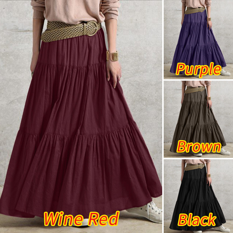 Women's ruffled casual skirt Plain skirt Vintage style pleated skirt_voghion.com