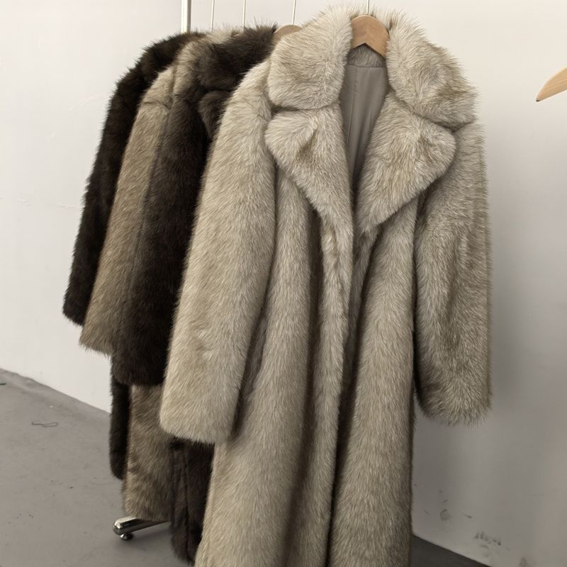 Damenbekleidung Hochwertiger Kunstpelz Umweltfreundlicher Damen Langer Kunstpelzmantel - Elegante Jacke Reverstaschen Individualisierbar_voghion.com
