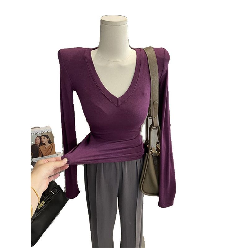 Maglietta a maniche lunghe con scollo a V, morbida e sexy, per donna, sottile e leggermente trasparente_voghion.com