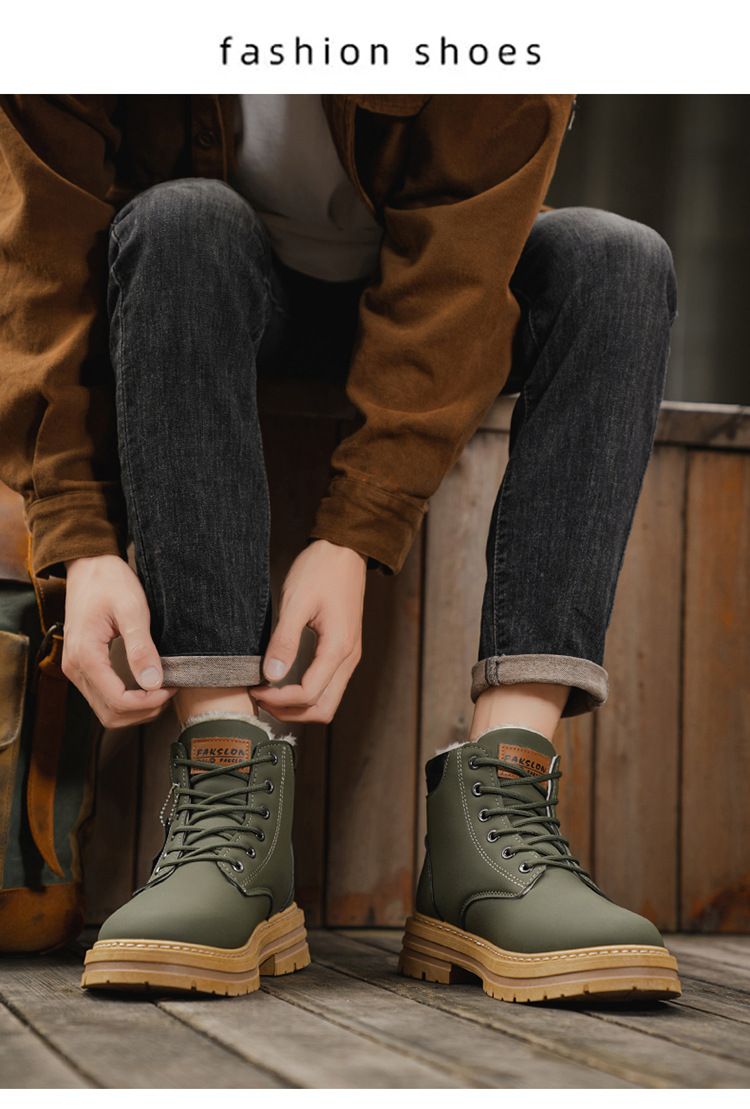 Men's Classic British Style Fleece-Lined Martin Boots - Comfortable Round Toe Casual Shoes For Winter (Khaki, Black, Gray, Green)_voghion.com