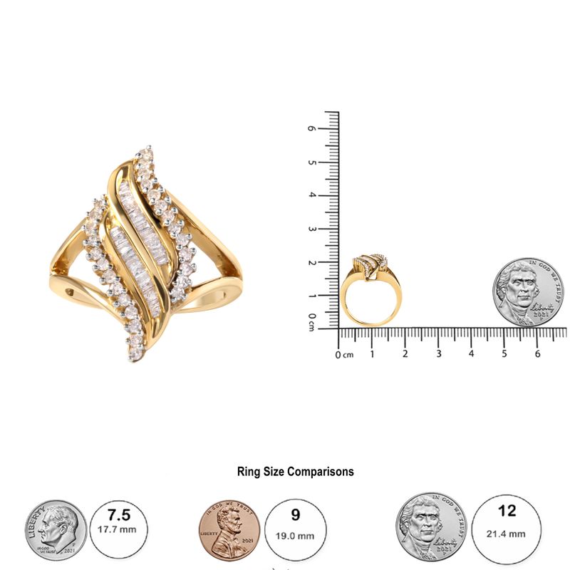 10K Yellow Gold 1/2 Cttw Round and Baguette Cut Diamond Cocktail Ring (H-I Color, I1-I2 Clarity)_voghion.com