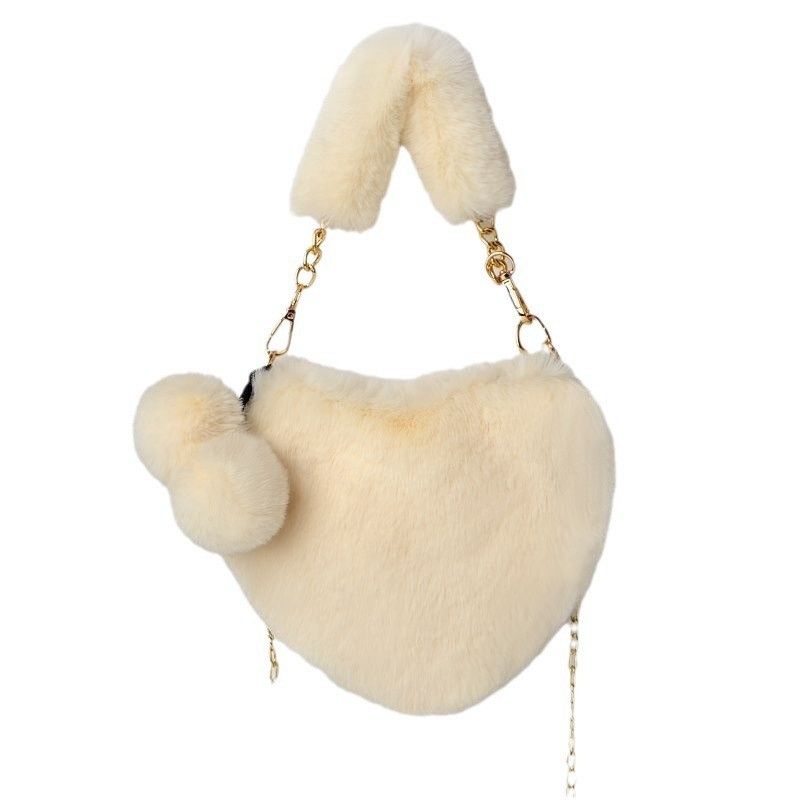 Süße Herzform für Damen, Pelzkettenhandtasche, Pfirsich-Herz-Umhängetasche für Kinder, Plüschtasche_voghion.com