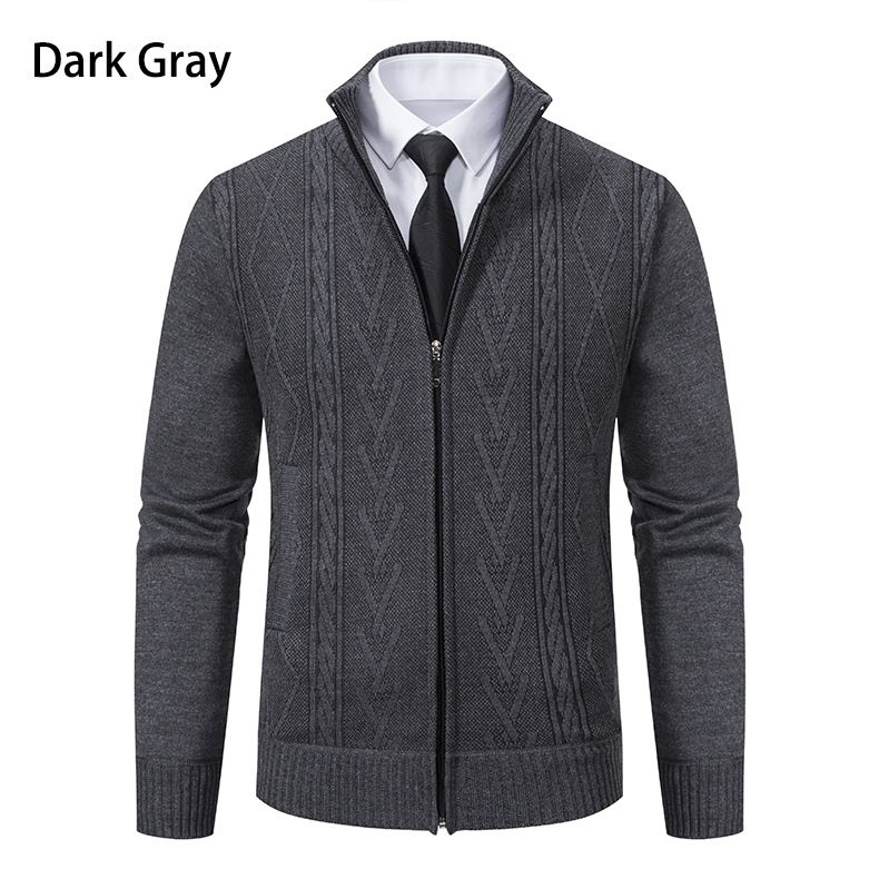 Herrenbekleidung Herren-Cardigan mit Fleecefutter und Stehkragen – Winter-Strickjacke (Beige/Hellgrau/Dunkelgrau, M-3XL)_voghion.com
