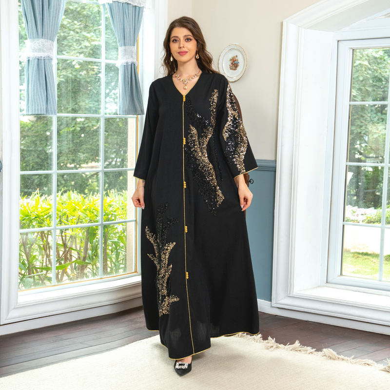 Langärmliges, mit Pailletten besticktes, lockeres Damenkleid für muslimische Frauen_voghion.com