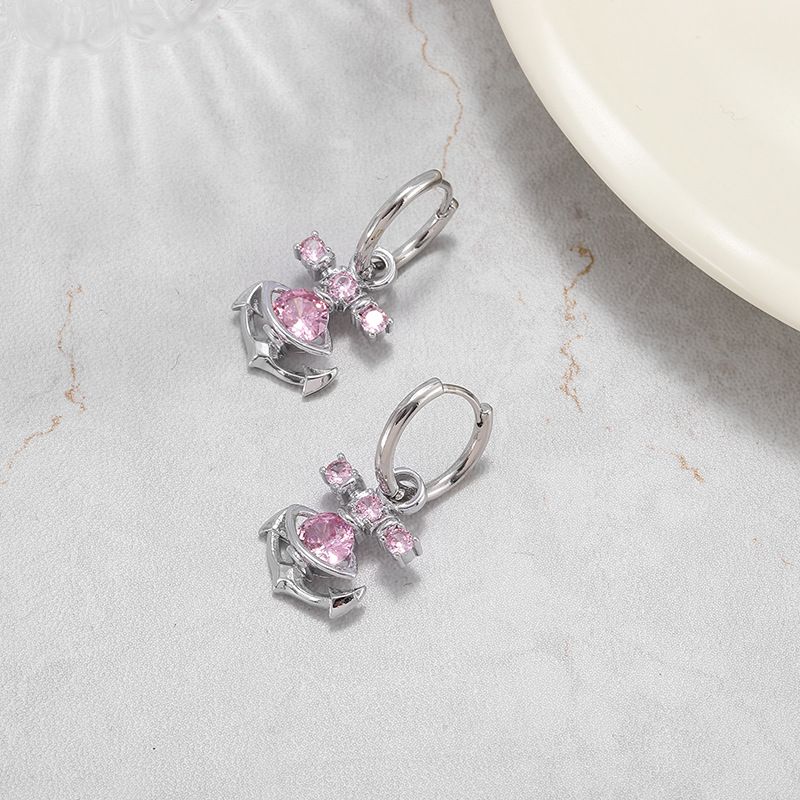 New Western Empress Dowager Anchor Necklace Earrings, Pink Zircon Stone, Fashionable and Minimalist Grade Ear Buckles,_voghion.com