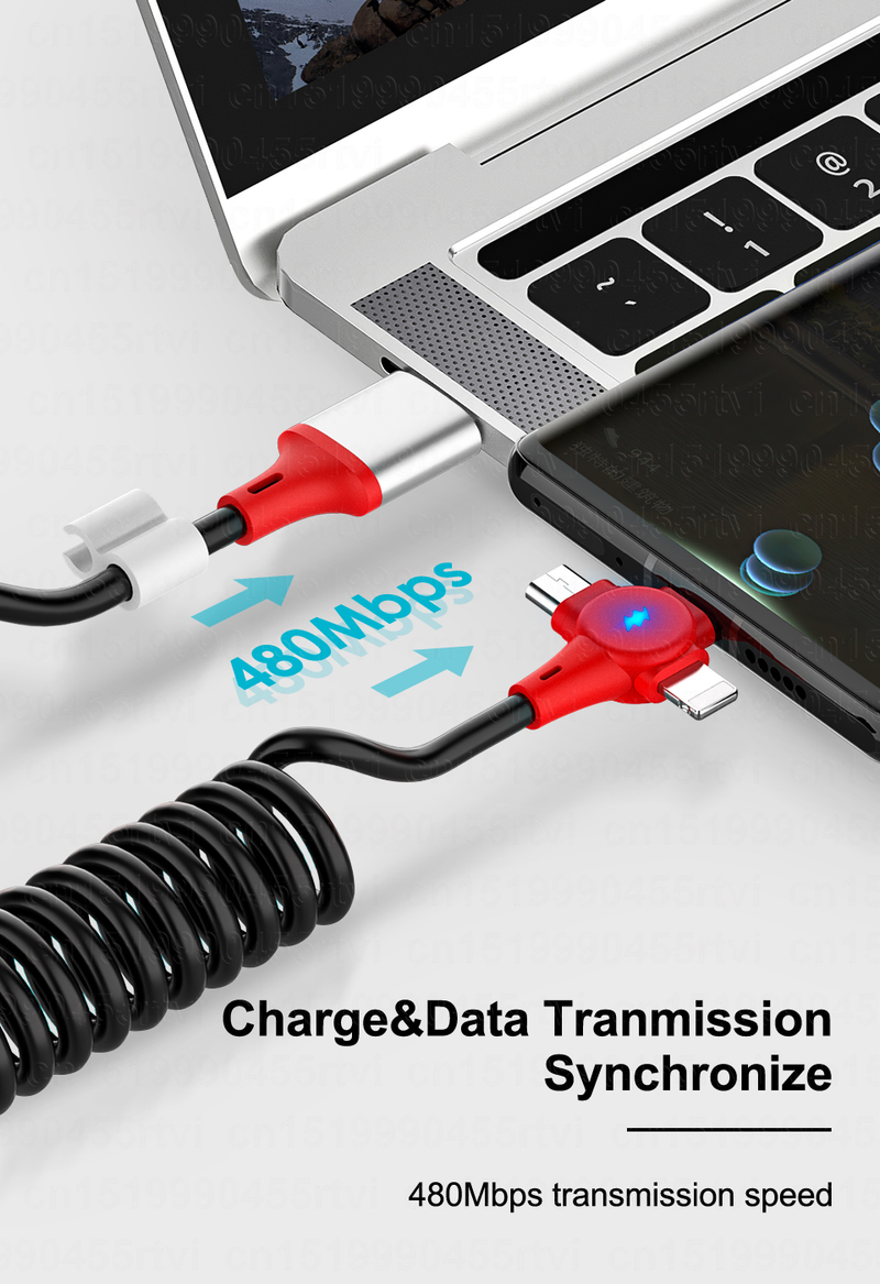 3 5A in 1 Spring Charging USB Cable For Huawei 3in1 2in1 Micro USB Type-C Fast Charger Data Cable Cord For iPh    _voghion.com