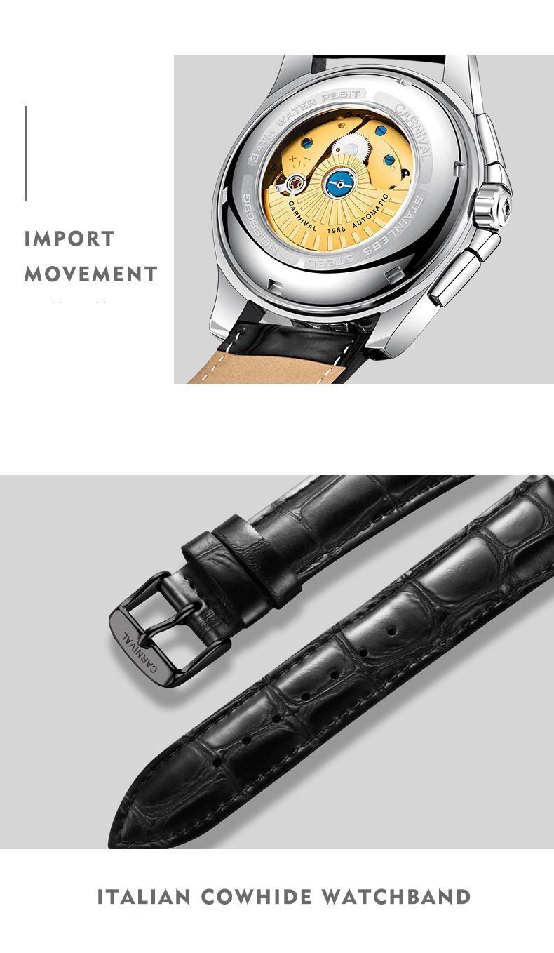 CARNIVAL Montres mécaniques multifonctions pour hommes, montre automatique à double calendrier, bracelet en cuir, lumineuse, étanche_voghion.com