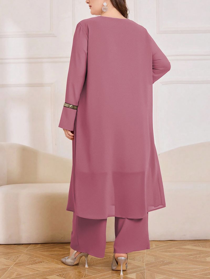 Muslimisches Set in Übergröße – Oberteil mit Glitzerverzierung und fließende Hose (2 elegante Farben) | Dezentes und stilvolles Damenoutfit_voghion.com