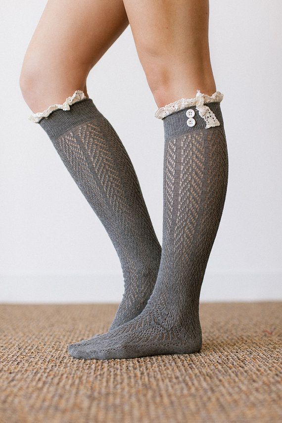 Autumn Winter Lace Trim Button Long Tube Women Over-the-Knee Cotton Slouch Hollow Knitted Socks_voghion.com