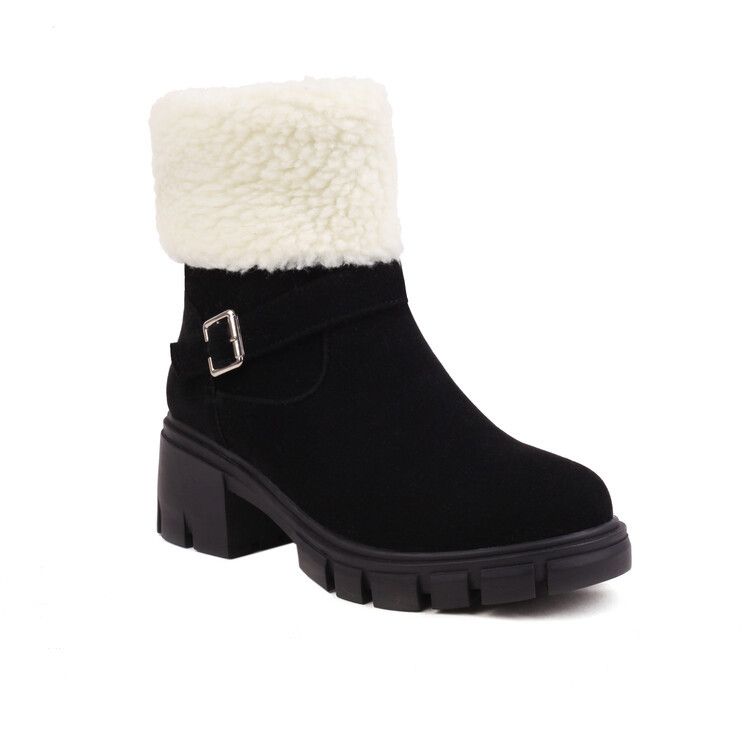 Women's winter round toe high heel boots with belt buckle large size short boots_voghion.com