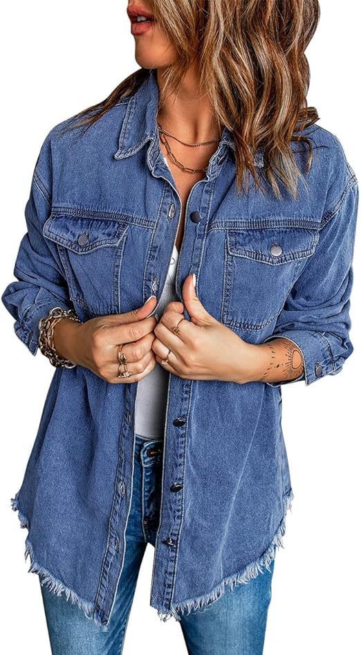 Giacca in denim leggera da donna, camicia abbottonata a maniche lunghe, cappotto casual ampio con tasche_voghion.com