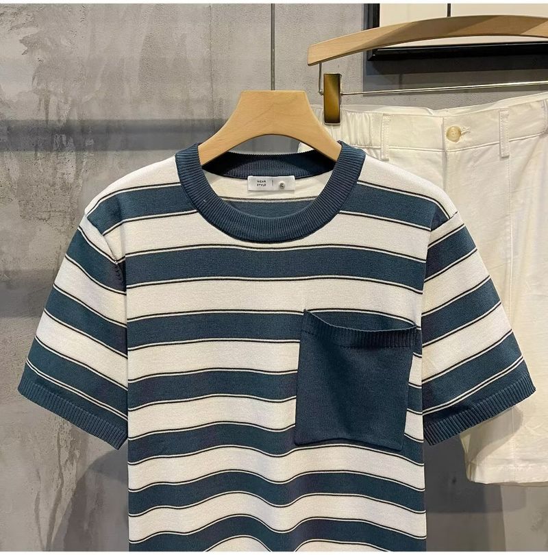 Herrenbekleidung Rundhals-Streifenpullover Herren Kurzarm-T-Shirt Tops Herren 2024 Sommer neues Design lässig vielseitig_voghion.com
