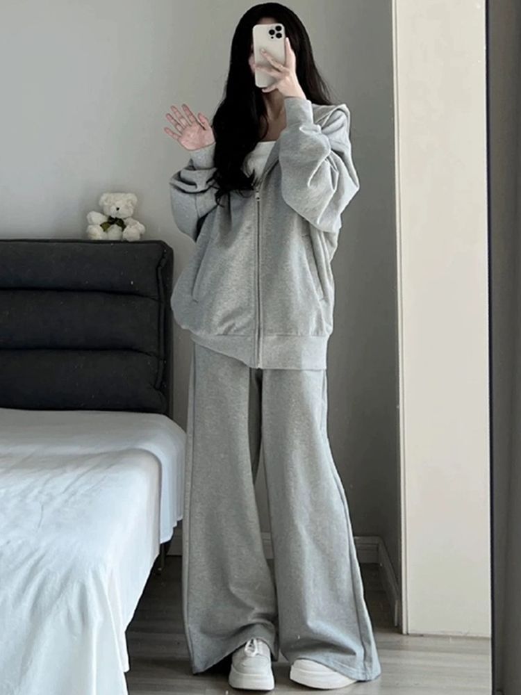2025 Spring And Autumn Women's Sports Suit Korean Version Loose Hooded Fashion Lazy Style Casual Running Two-Piece_voghion.com