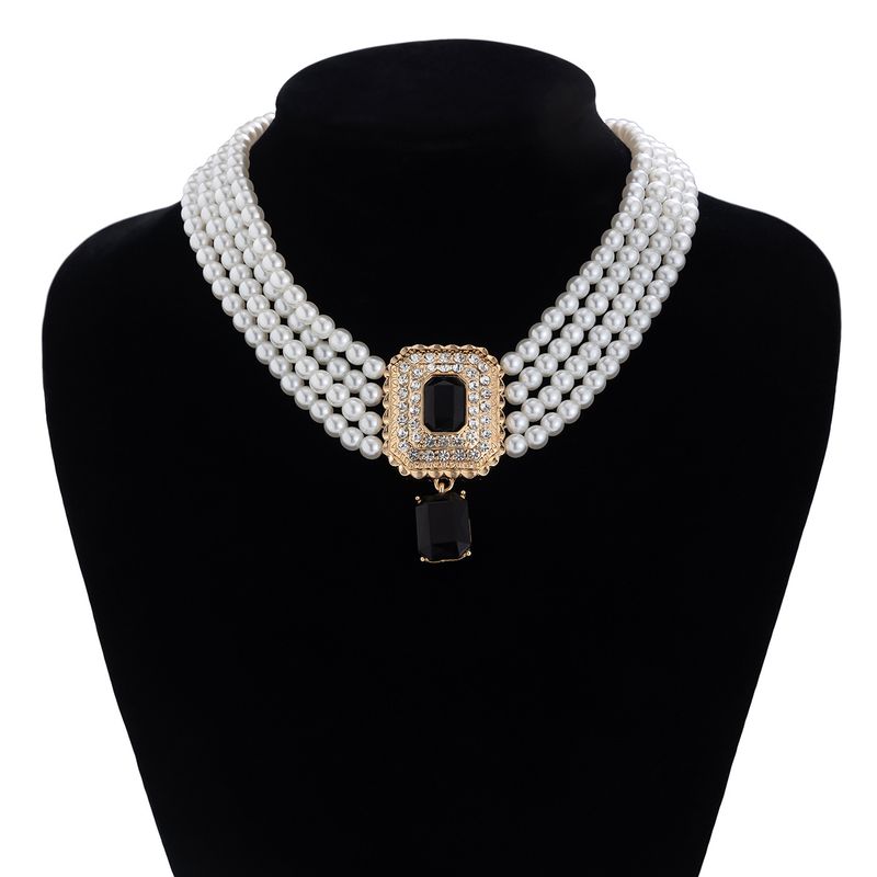 Retro square full diamond gem pearl choker necklace temperament French multi layer necklace_voghion.com