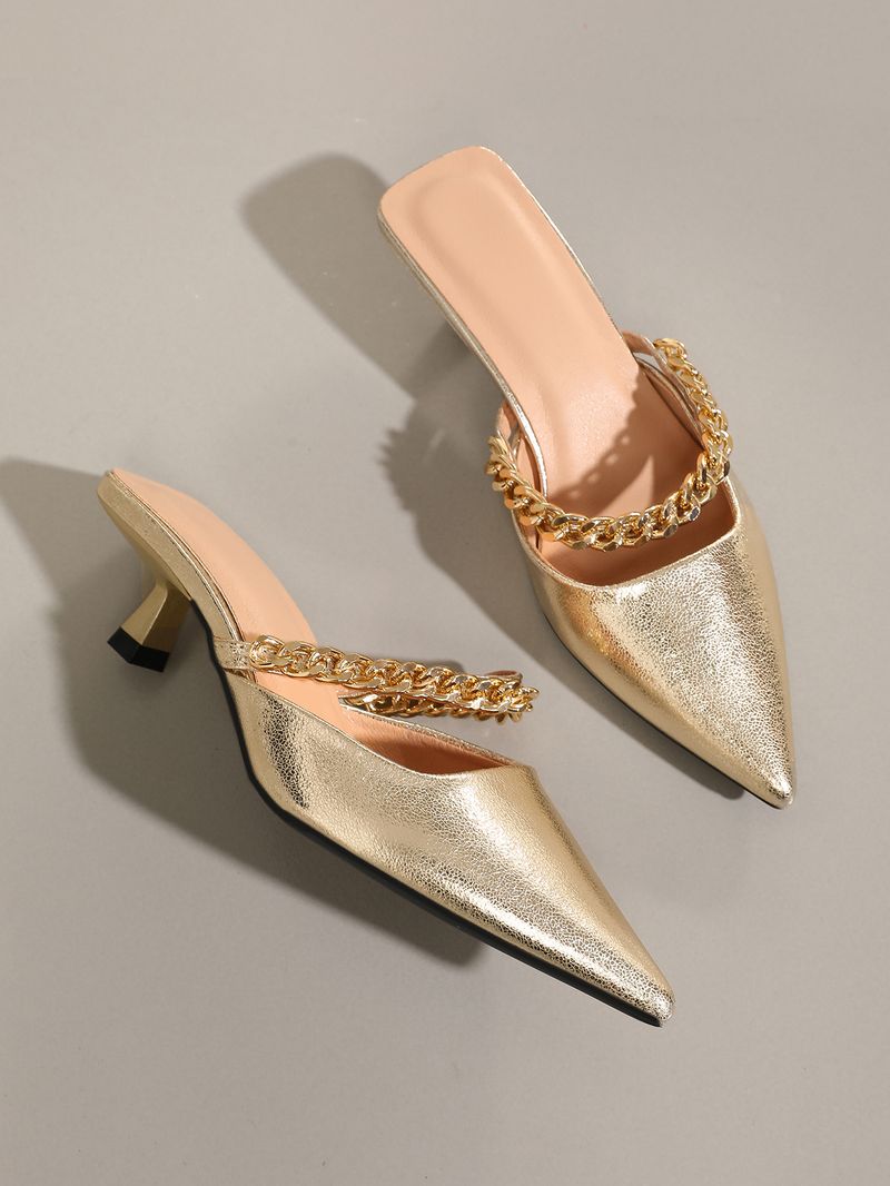 Zapatos de mujer con cadena de metal y tacones altos, puntiagudos, cómodos y con temperamento, sandalias de tacón de aguja, zapatos dorados._voghion.com