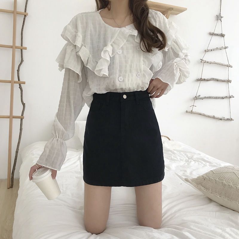 INS Black Half 2024 New Spring/Summer Korean Version Versatile High Waist A-line Wrapped Hip Denim Short Skirt for Women_voghion.com