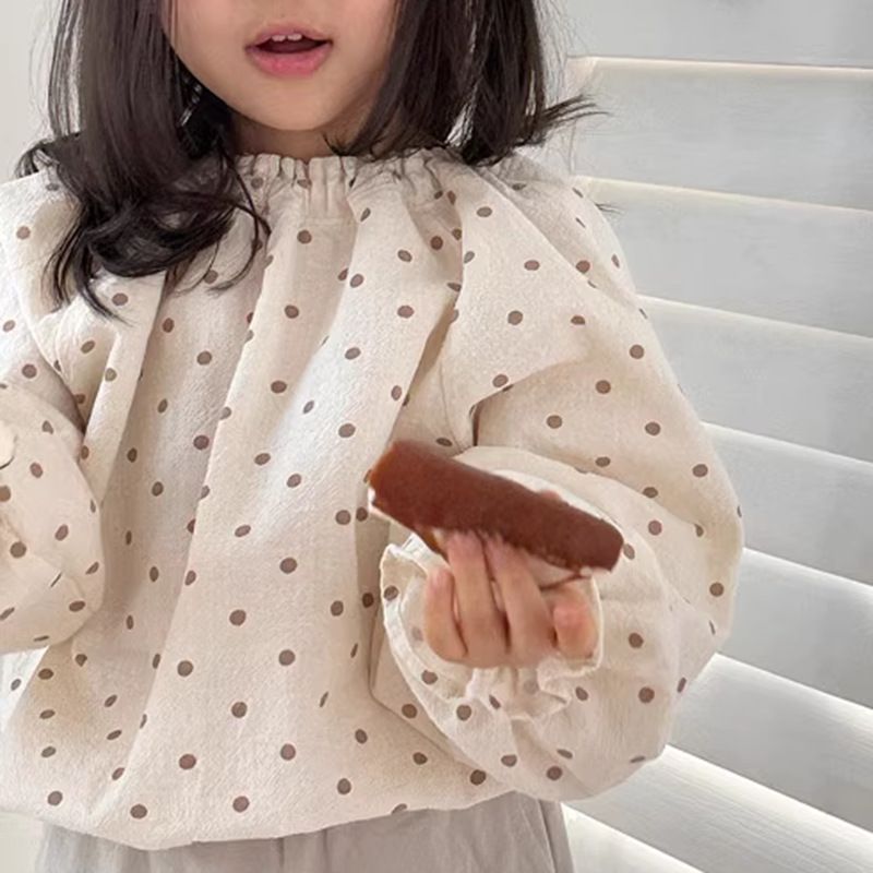 Κορεατική έκδοση Instagram φθινοπωρινή στολή, νέο κοριτσίστικο πουκάμισο φανάρι για μωρά, μοντέρνο φαρδύ πουά μανίκι με φούσκα και γλυκό τοπ_voghion.com