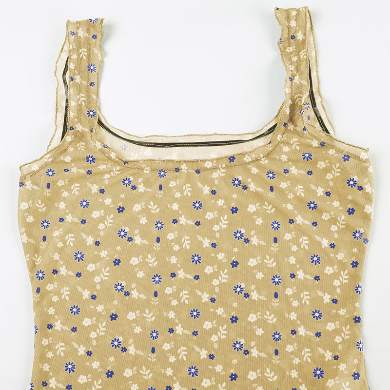 2024 Frühjahr/Sommer Neues Mädchen Frisches fragmentiertes Blumenfarbkontrast-Netz-Perspektive-Sling-Tanktop mit quadratischem Ausschnitt_voghion.com