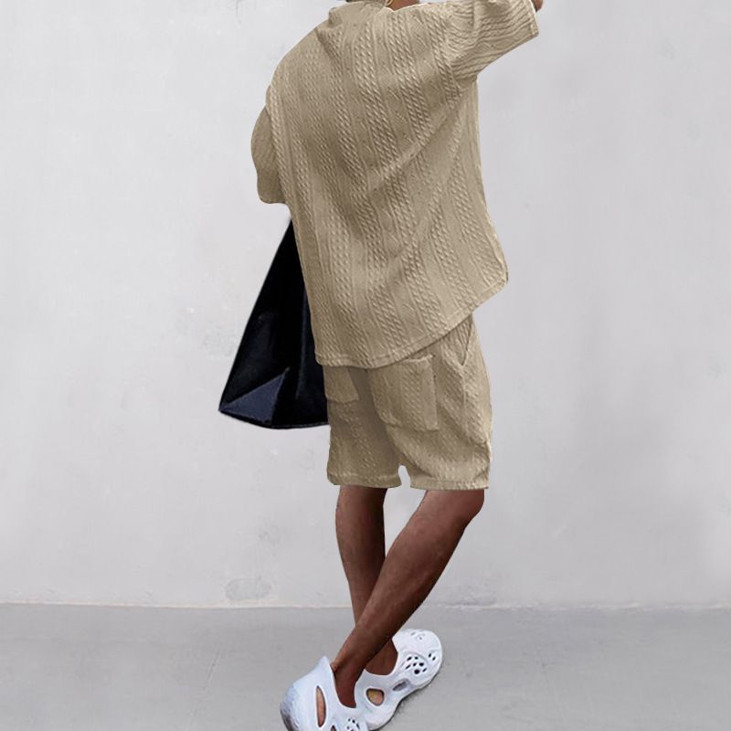 Moška oblačila za prosti čas, ohlapni tričetrtinski rokavi, žakard pleten pulover, zgornji del, kratke hlače, moška obleka_voghion.com