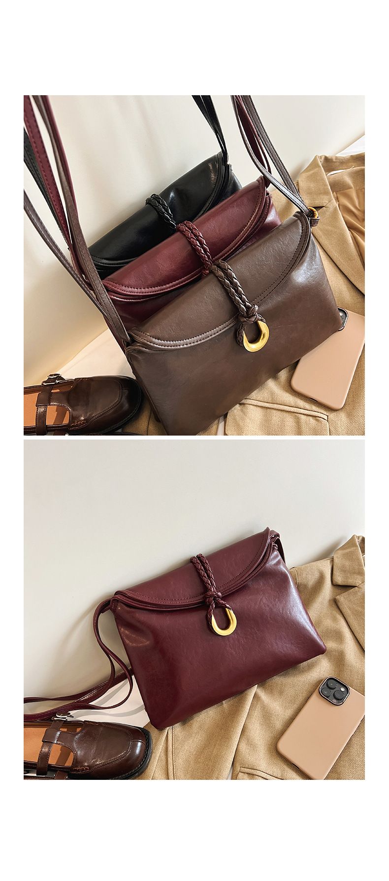 Borsa a tracolla da donna in pelle conciata al vegetale, borsa da pendolare da donna in morbida pelle di grande capacità, borsa a tracolla semplice ed elegante._voghion.com