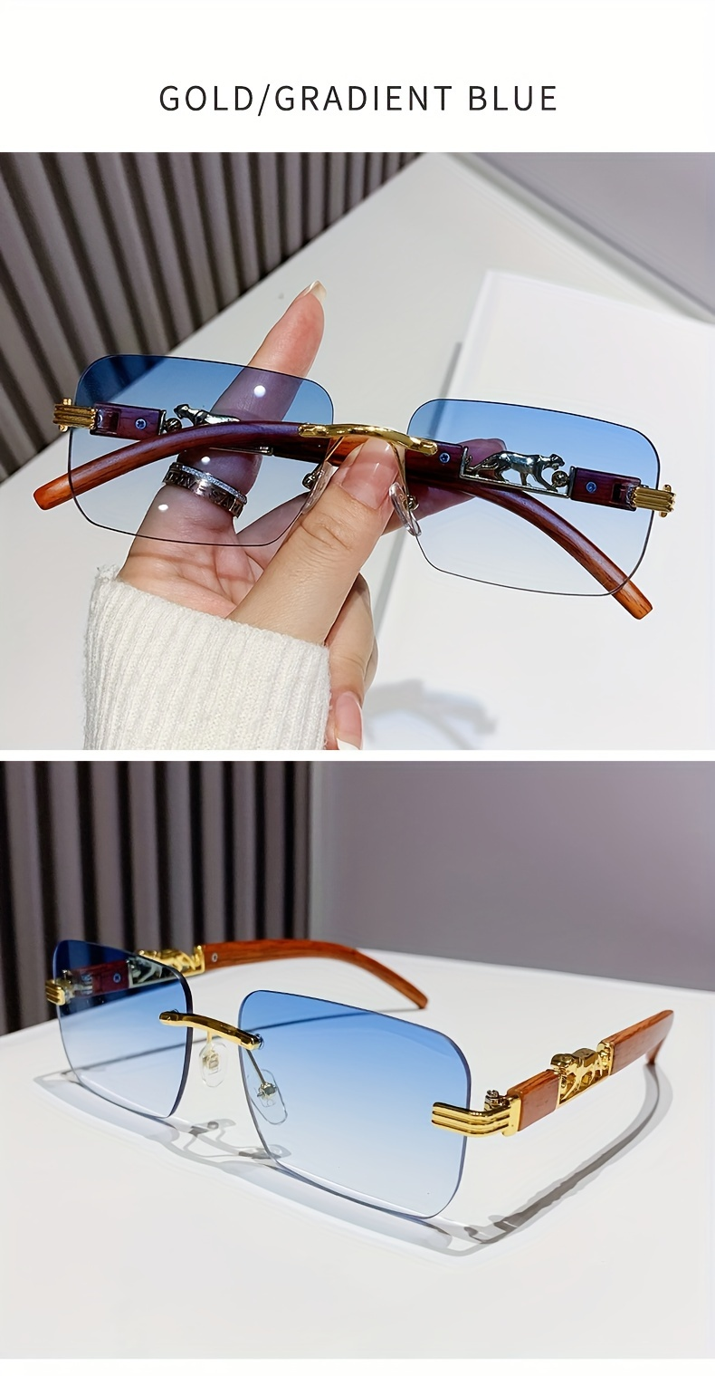 Fashionable glasses cheetah leopard pattern men women, rectangular, rimless, with wood grain, for beach parties and_voghion.com