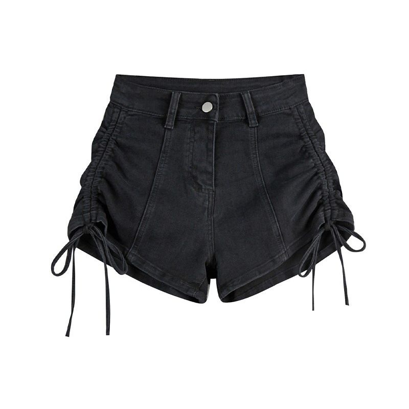 2025s Elastic Drawstring Denim Shorts For Women, Summer New High-Waisted Slimming Tight Design A-Line Hot Pants, Ins Trend_voghion.com