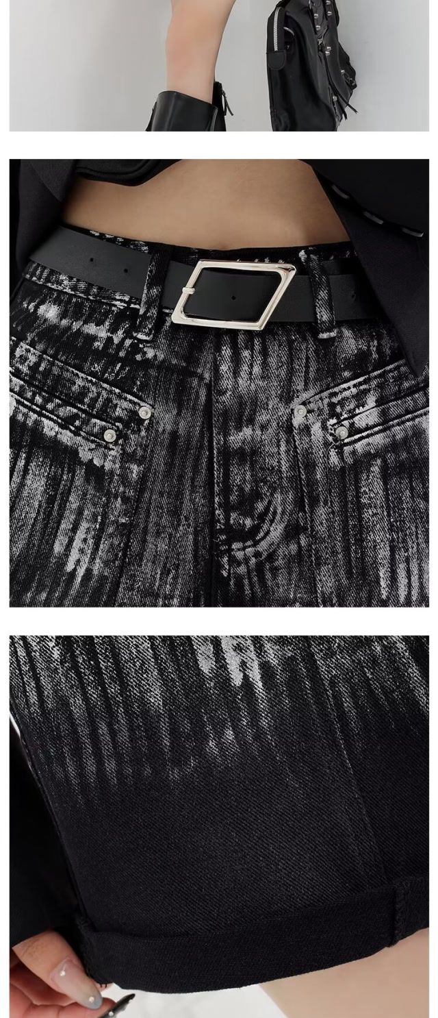 Schwarze gewaschene Jeans-Shorts im amerikanischen Stil in Übergröße für Damen, Sommer 2024, neue, vielseitige Hotpants mit gerolltem Saum_voghion.com