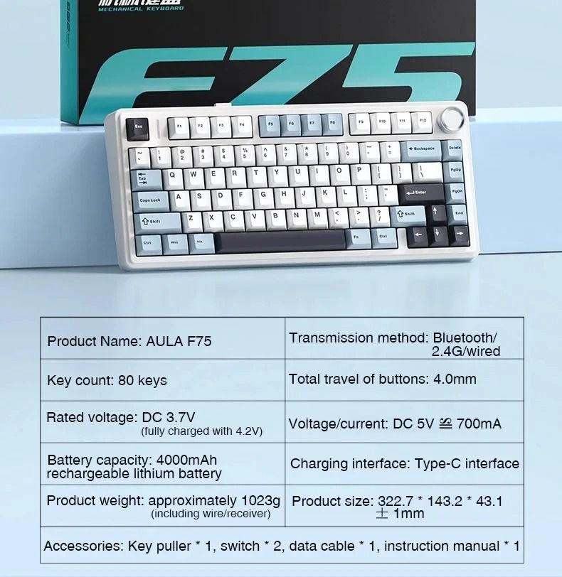 AULA Tarantula F75 Özel Mekanik Klavye Conta Yapısı Tam Tuş Sıcak Değiştirme Kablosuz Üç Modlu Bluetooth MAX_voghion.com