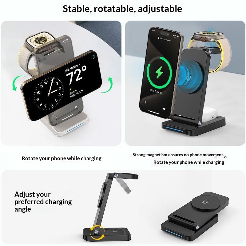 50704555550<=3 Cross-border Compatible Wireless Charger 3-in-1 Magnetic Foldable Portable Fast Charging For Phone And Watch_voghion.com