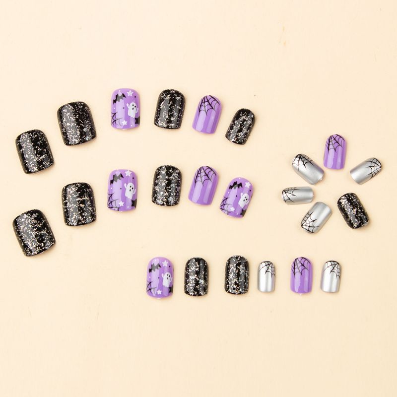 Unghie finte Halloween Unghie corte quadrate Lavanda Pipistrello Fantasma Ragnatela Halloween Elemento Unghie finte Unghie indossabili finite Nail art per le feste_voghion.com