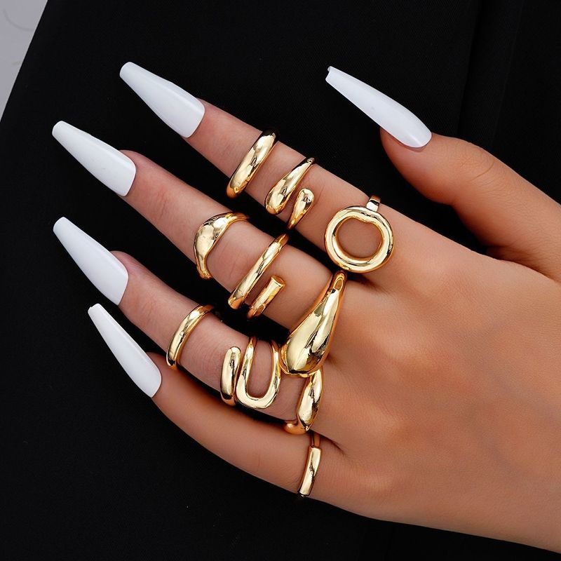 Unique Metal Texture Glossy Ring Set Exaggerated Geometric High-end Rings_voghion.com