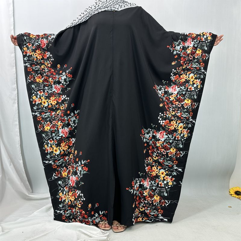 Hot Seller Vleermuismouwen Vlinder Abaya Femme Bloemenprint Kebaya Middenzoom Split Kaftan Jurken Voor Eid Marokkaanse Kaftan Maxi_voghion.com