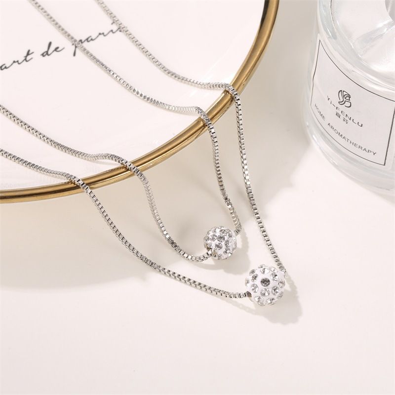 Collar de doble capa Shambhala con cadena de clavícula de bola de diamantes completa, conjunto de cadena de mujer simple coreana corta con diamantes completos_voghion.com