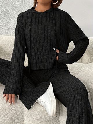 Ensemble élégant deux pièces à capuche et pantalon large pour femme, couleur unie, automne 2024_voghion.com