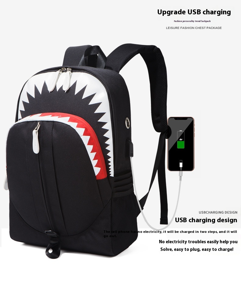 Batoh Nightglow pro muže s velkými ústy, žraločí USB funkce, studentský batoh, personalizovaný moderní styl, Guangzhou_voghion.com