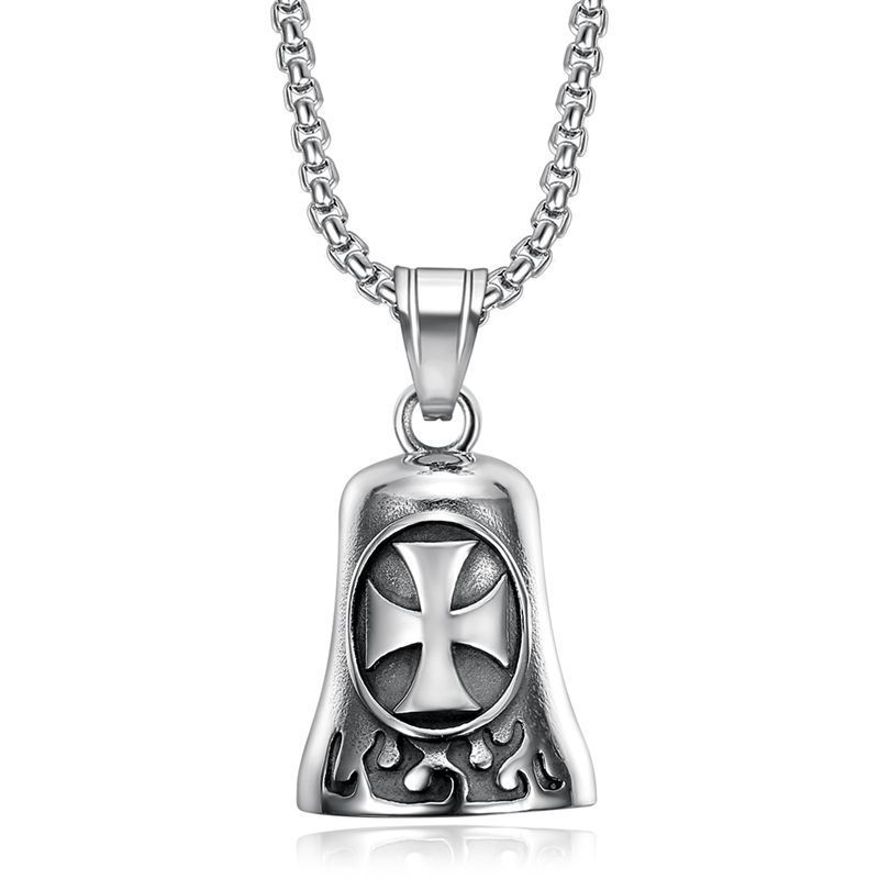 Collier pendentif cloche d'exorcisme en acier inoxydable poli avec croix_voghion.com