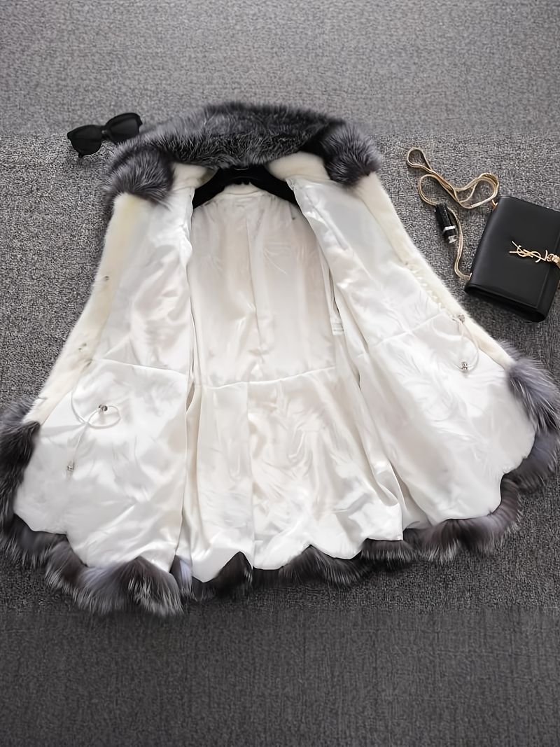 Elegante da donna - Giacca con cappuccio di media lunghezza con collo in peluche e bordo in pelliccia su tutta la lunghezza, capospalla invernale morbido e caldo,_voghion.com