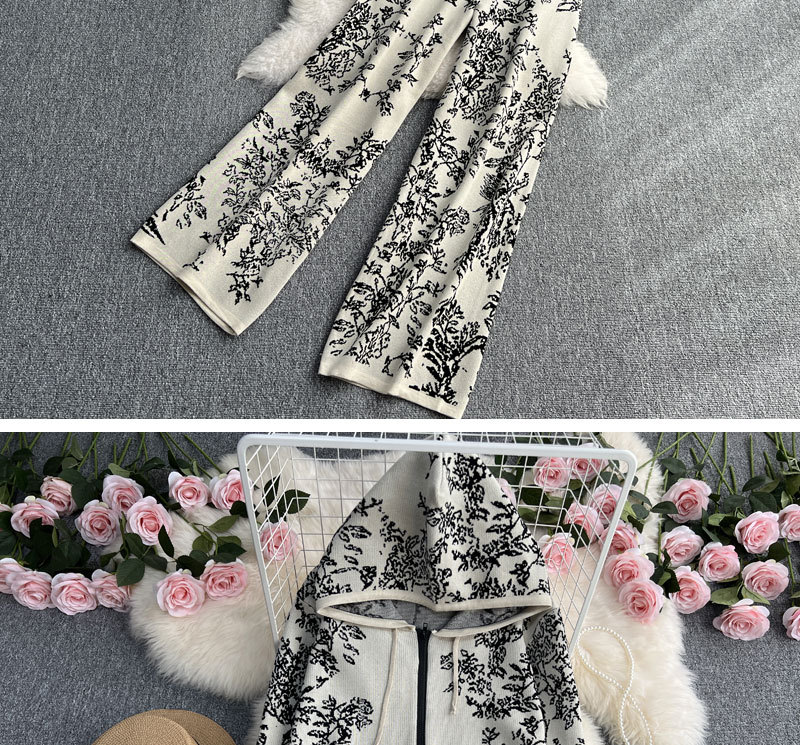 Sweat-shirt tricoté à capuche et fermeture éclair en jacquard pour femmes, ensemble deux pièces, taille haute, pantalon à jambes larges_voghion.com