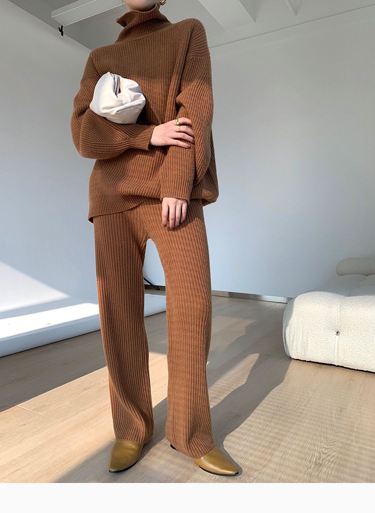 Damenbekleidung Damen-Set aus Strickpullover und Rock – halbhoher Ausschnitt, gemütliches zweiteiliges Outfit_voghion.com