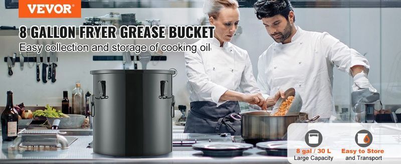VEVOR Fryer Grease Bucket, 8 Gal Oil Disposal Caddy Stainless Steel Fryer Oil Bucket Rust-Proof Coating, Oil Transport Container With Lid, Lock Clips, Filter Bag For Hot Cooking Oil Filtering, Black_voghion.com