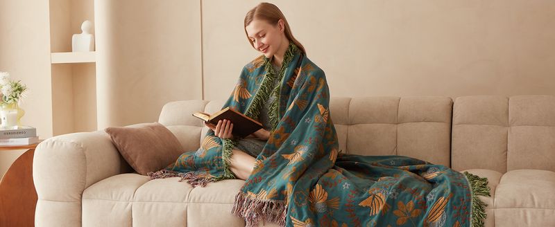 Boho Cotton Throw - 60x80cm Lightweight Bird Design_voghion.com