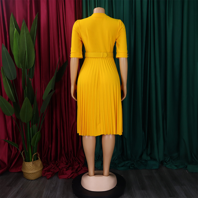 Robe de commerce extérieur plissée à boutons de couleur unie de style africain pour femmes automne et hiver_voghion.com