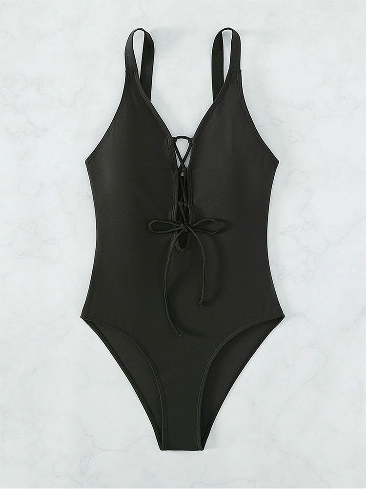 Damenbekleidung neuer konservativer einteiliger Badeanzug für Damen, einfarbig, mit Kordelzug, ausgehöhlter, enger Strandbadeanzug_voghion.com