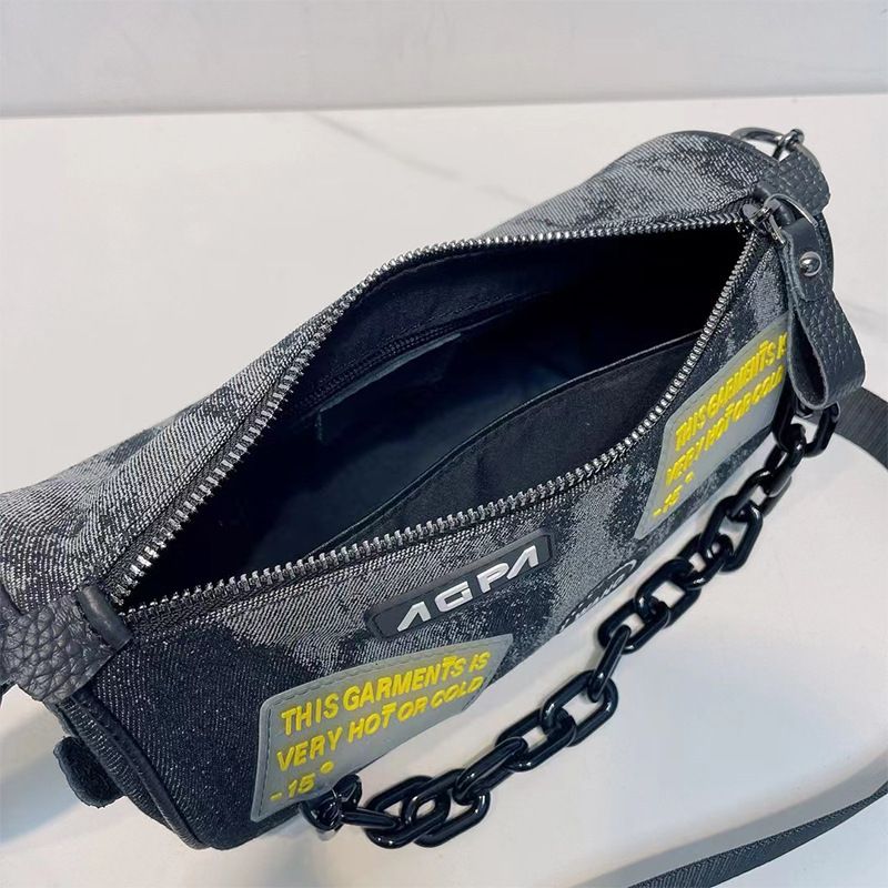 Modische Umhängetasche aus Denim mit Farbblock-Muster, dicke Kette, Schultertasche aus Netzstoff, vielseitige kleine Tasche für Damen_voghion.com