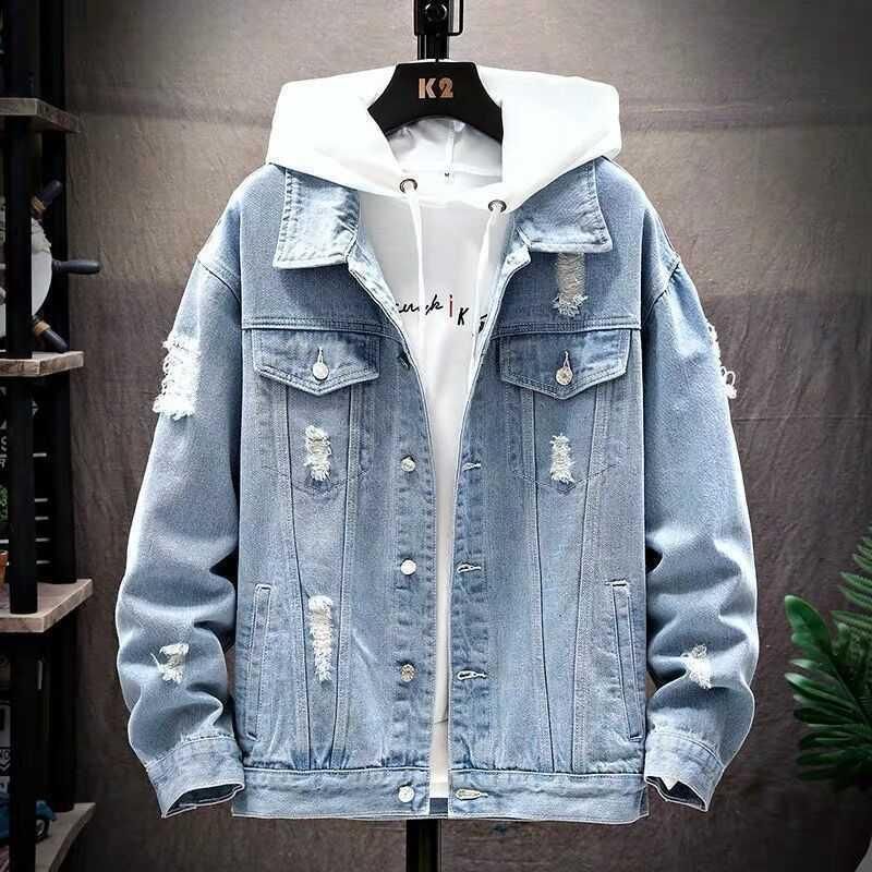 New Spring and Autumn Season Worn Hole Washed Denim Korean Edition Trendy Coat Men's Cool Loose Top_voghion.com