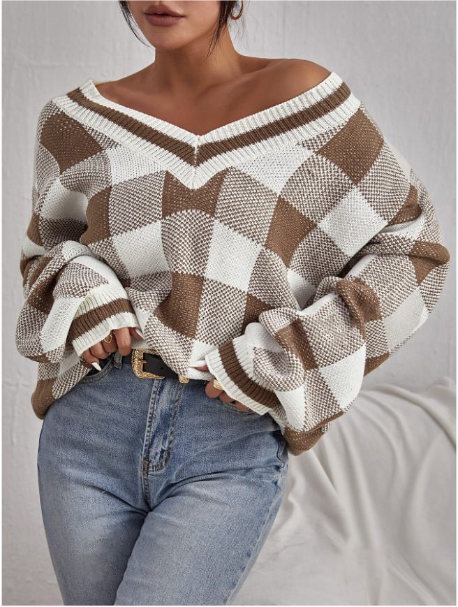 Maglione lavorato a maglia versatile a maniche lunghe con scollo a V, casual e scozzese, per donna, autunno inverno_voghion.com