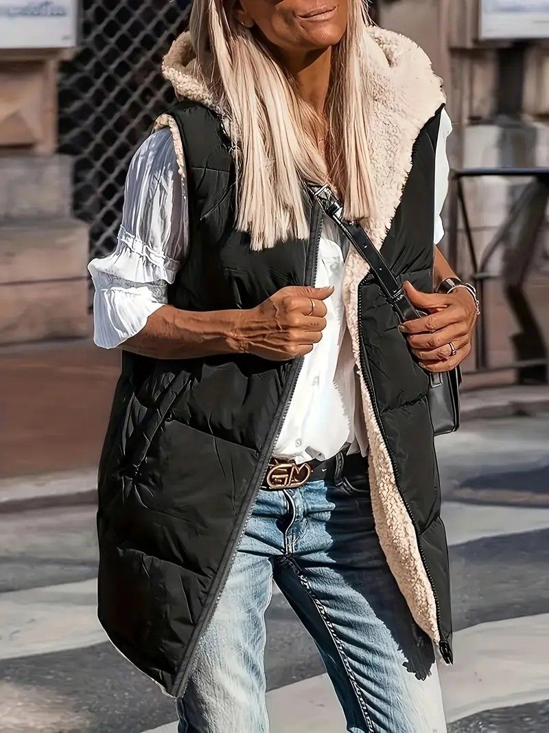 Giacca in pile con cappuccio reversibile da donna - Cappotto streetwear slim fit con cerniera frontale, capospalla di media lunghezza per l'autunno (nero, verde militare, caffè)_voghion.com